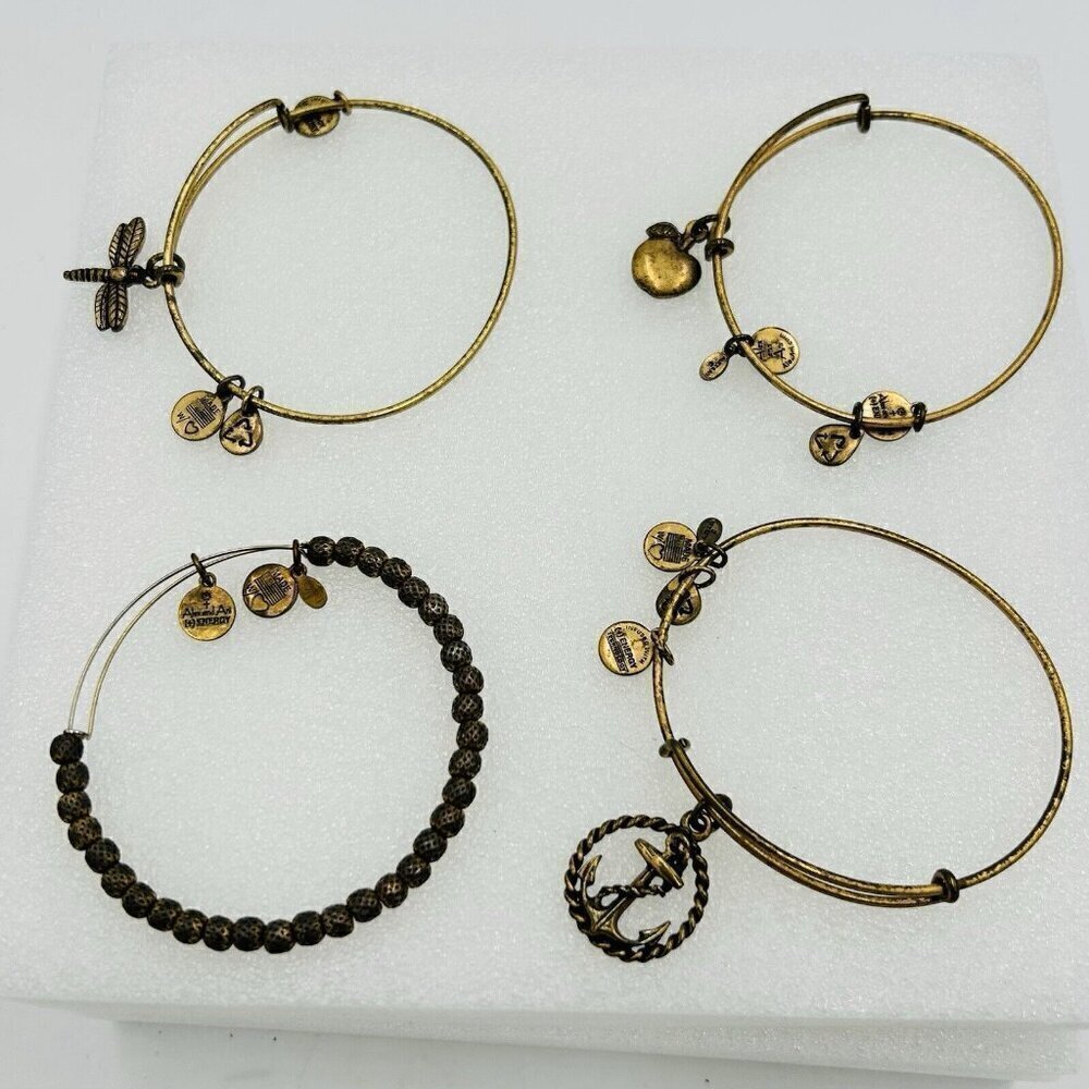 Set of 4 Alex & Ani Bangle Bracelets Goldtone Energy Dragonfly Apple Anchor